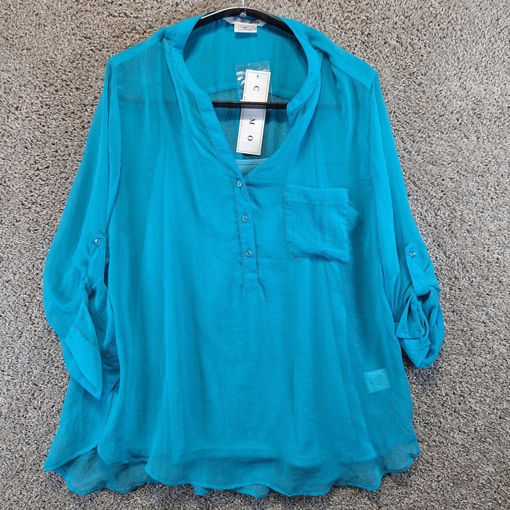 COMO Blouse Womens XL Teal Blue Sheer Chiffon Layered Roll Tab Sleeve Boho Top